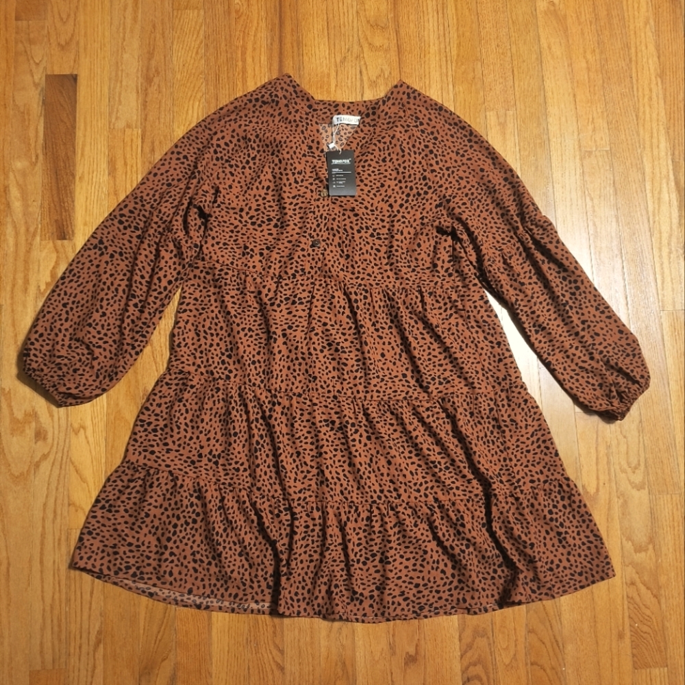 Leopard Print Tiered Long Sleeve Dress Size Large -NWT!